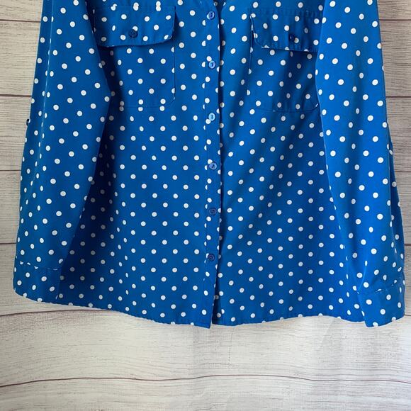 Studio Works Blue and White Polka Dot Button Down Shirt Roll Tab Long Sleeve - Picture 4 of 16